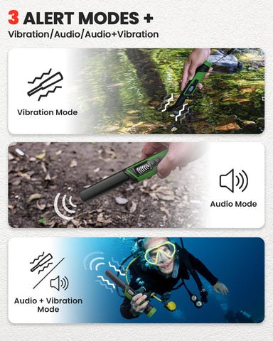 DR.ÖTEK Pinpointer three modes—Vibration, Audio, or both—for environment-aware hunting.