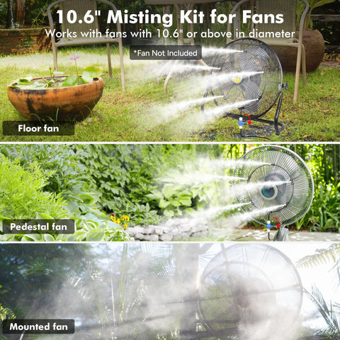 Brass nozzles on the kit deliver steady, refreshing mist for hot afternoons.