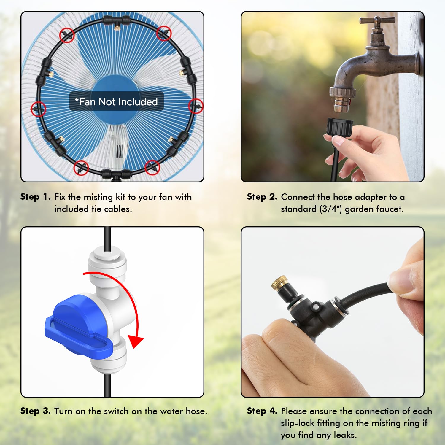 Compatible with 10.6-inch or larger fans for optimal misting performance.