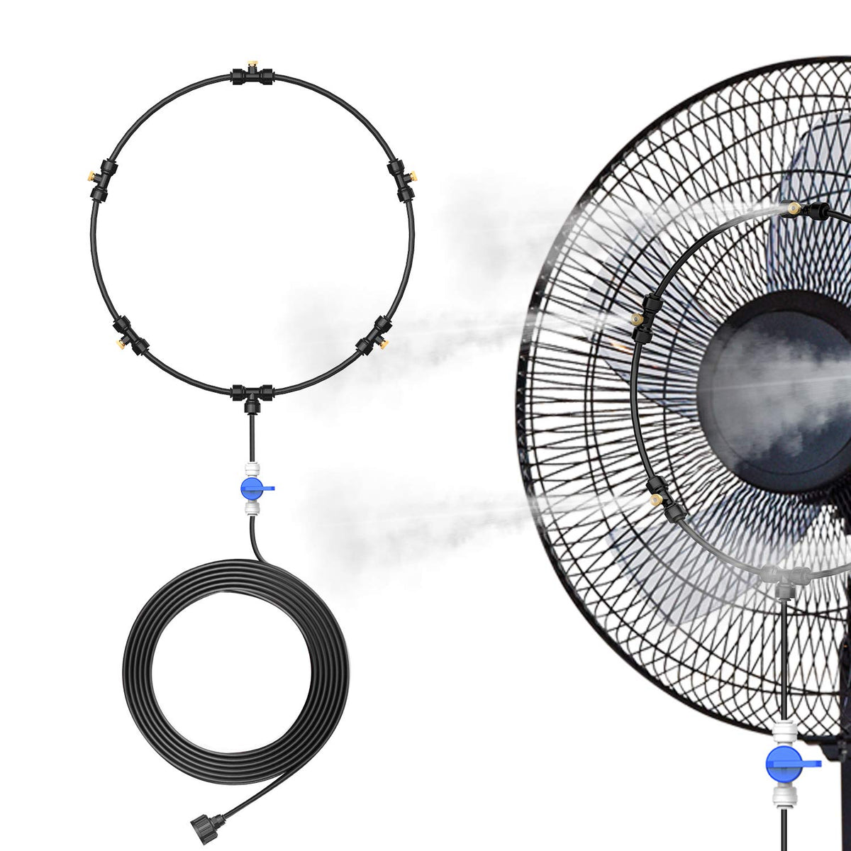 DR.PREPARE misting ring attached to a patio fan for cooling spray.