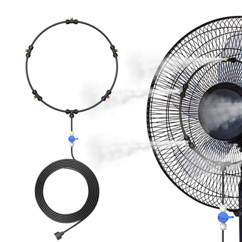 DR.PREPARE misting ring attached to a patio fan for cooling spray.