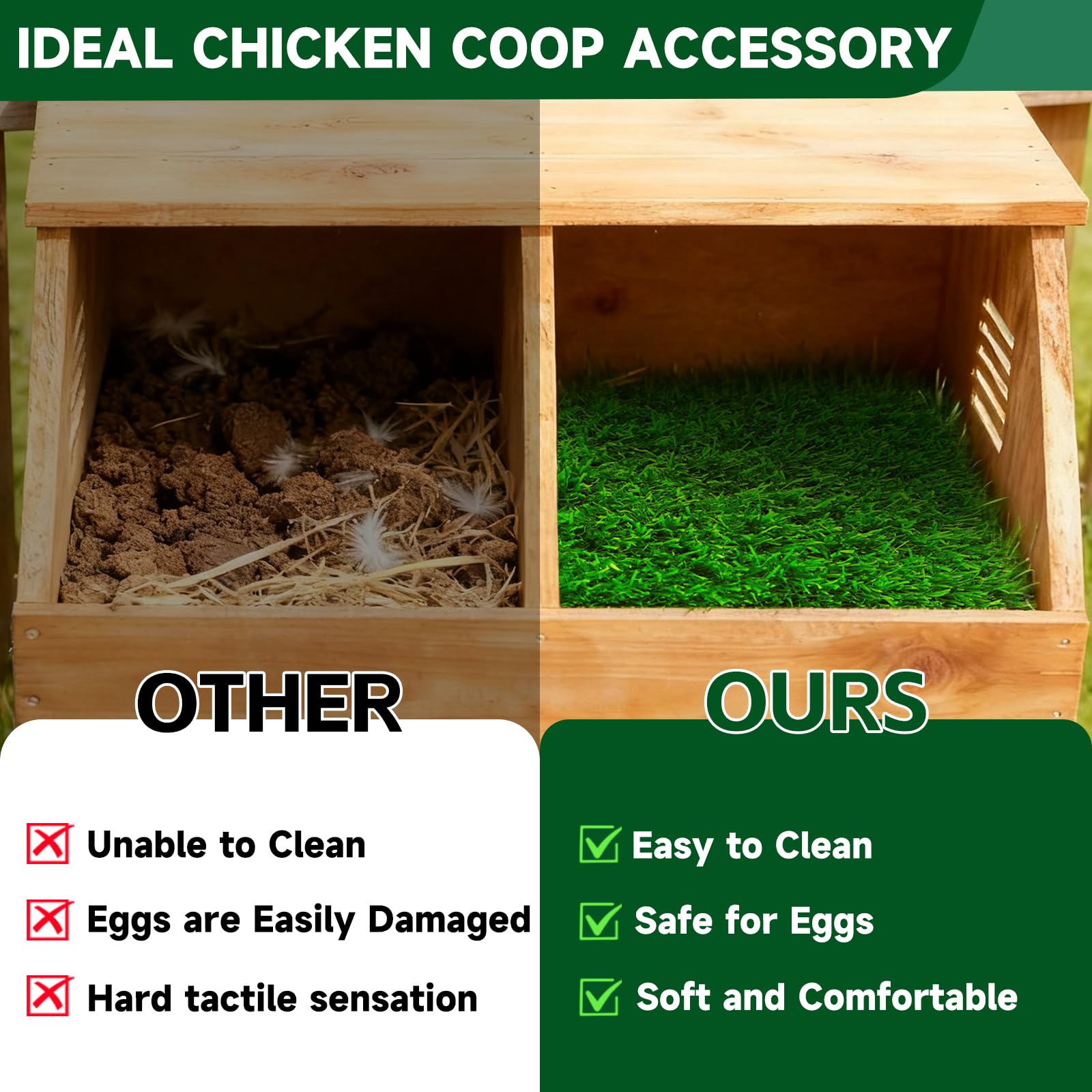DRQ green 6-pack nesting pads installed in a poultry coop.