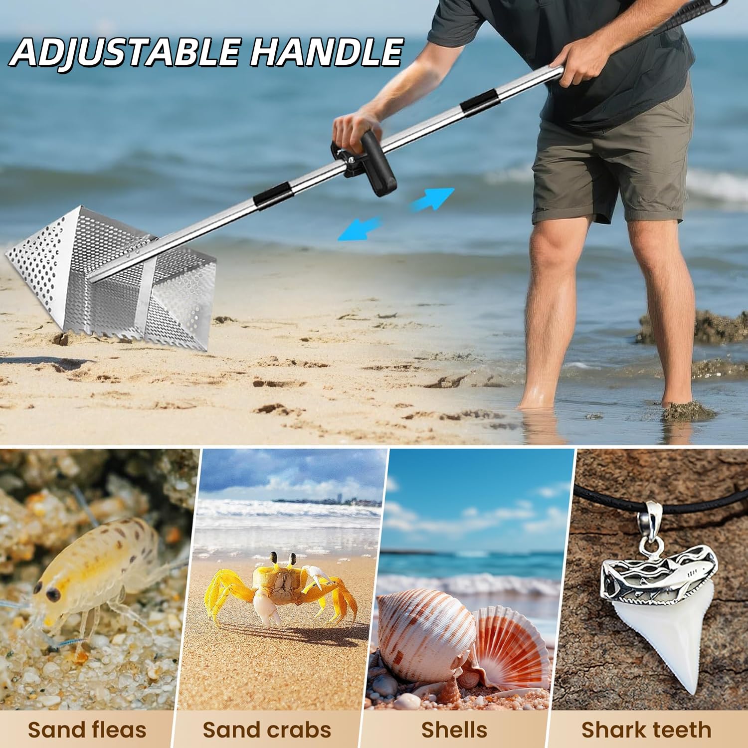 Drunmist Sand Fleas Rake features a 16-inch basket for faster sand processing.