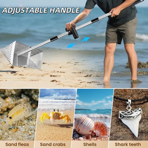 Drunmist Sand Fleas Rake features a 16-inch basket for faster sand processing.