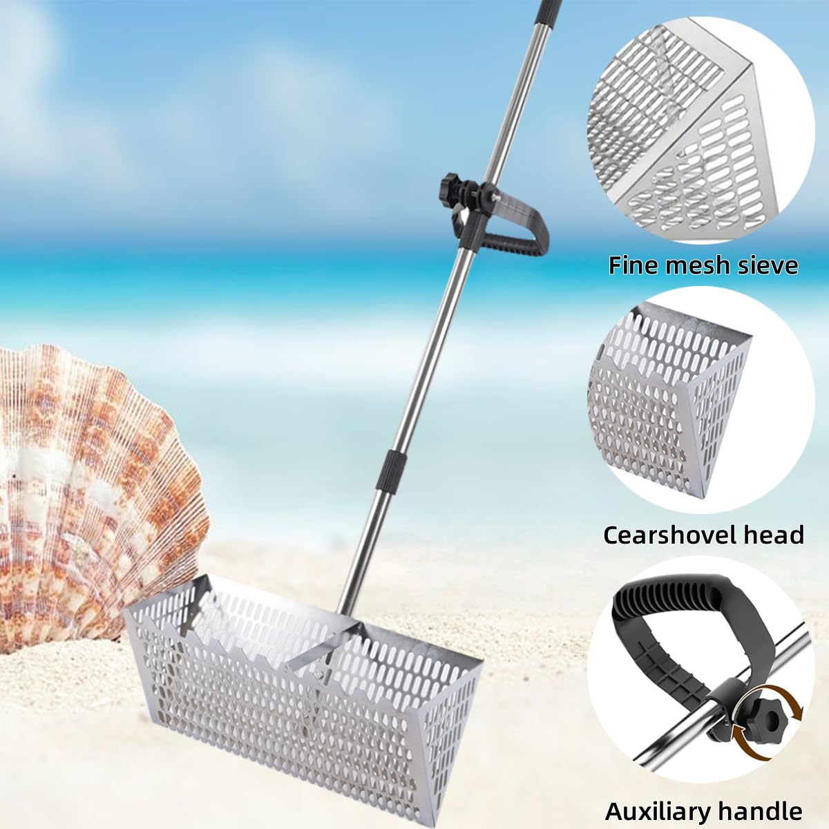 Drunmist Sand Fleas Rake with a 47-inch long handle reduces bending during beach work.