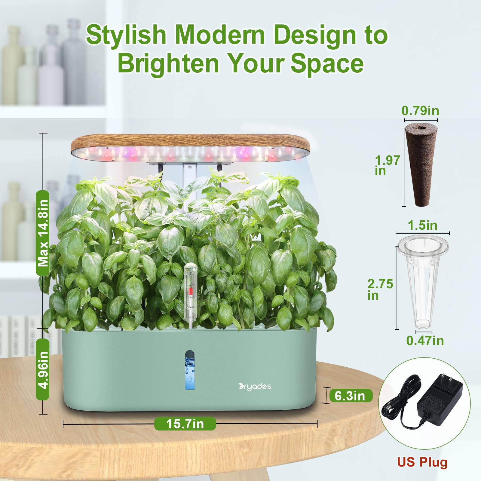 DRYADES adjustable height light to accommodate growing herbs and vegetables.