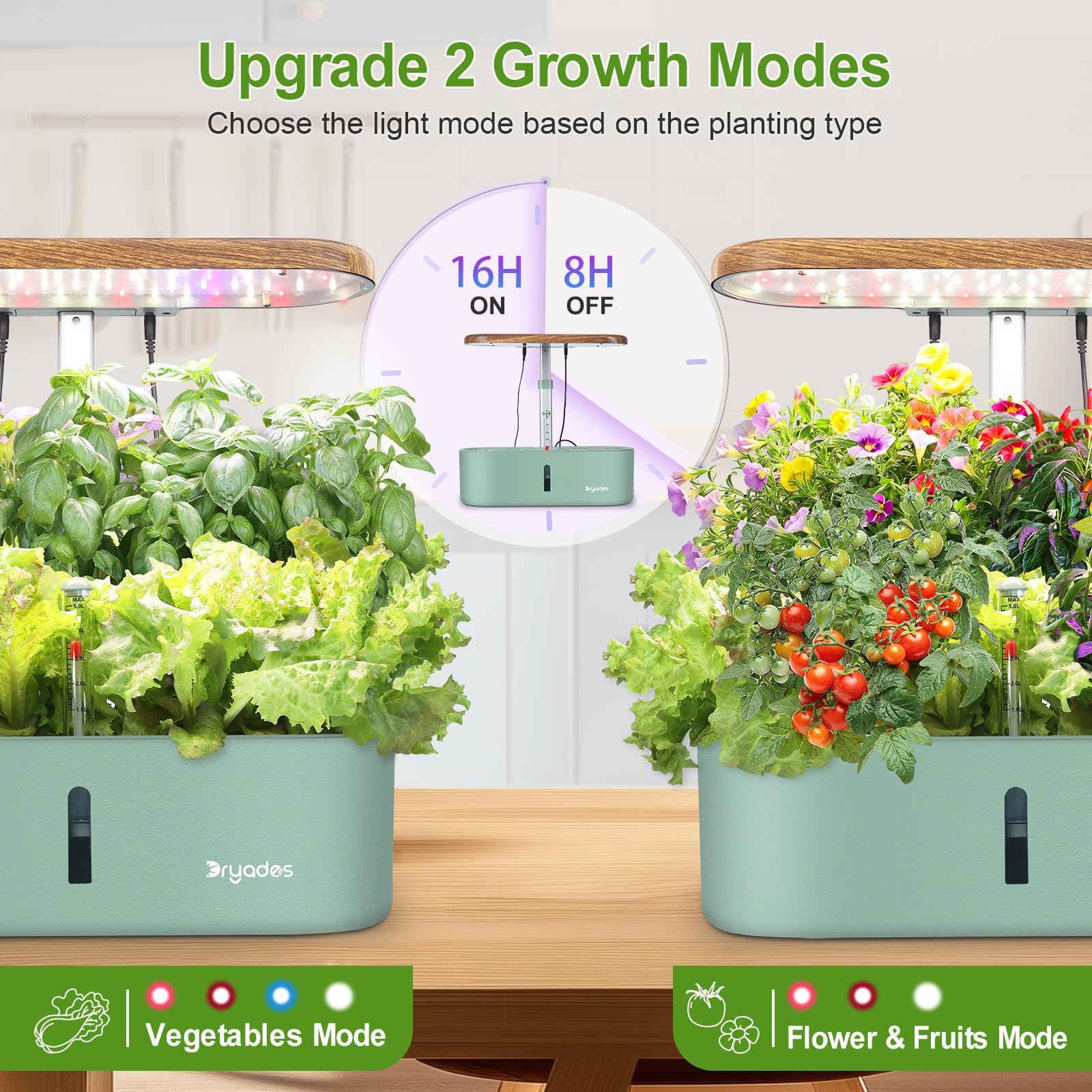 DRYADES dual light modes support vegetables, greens, and fruiting plants.