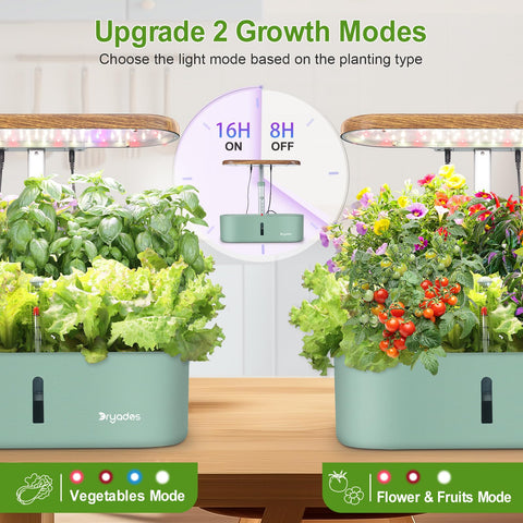 DRYADES dual light modes support vegetables, greens, and fruiting plants.
