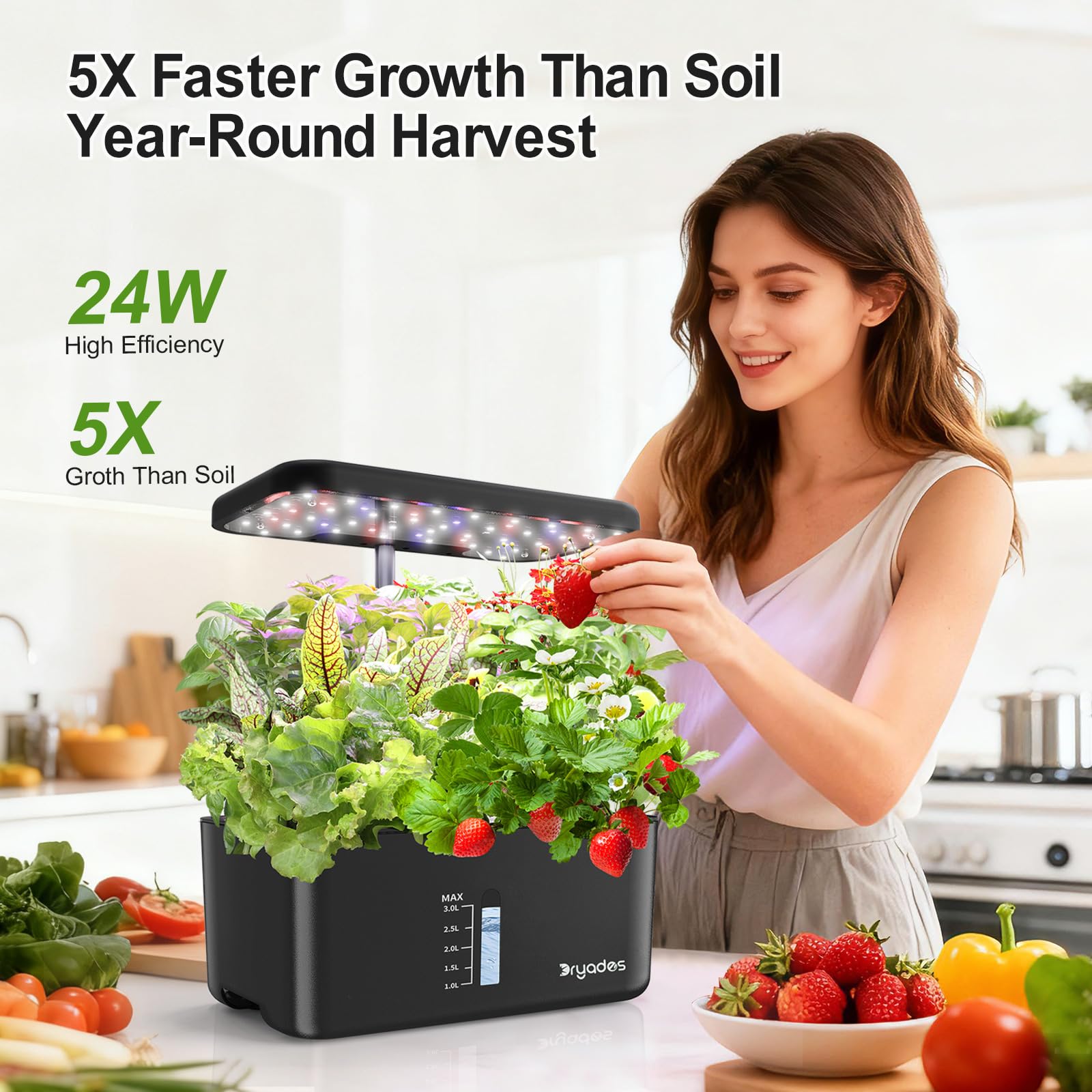 DRYADES Dryades system setup in kitchen promotes year-round harvest of basil and greens.