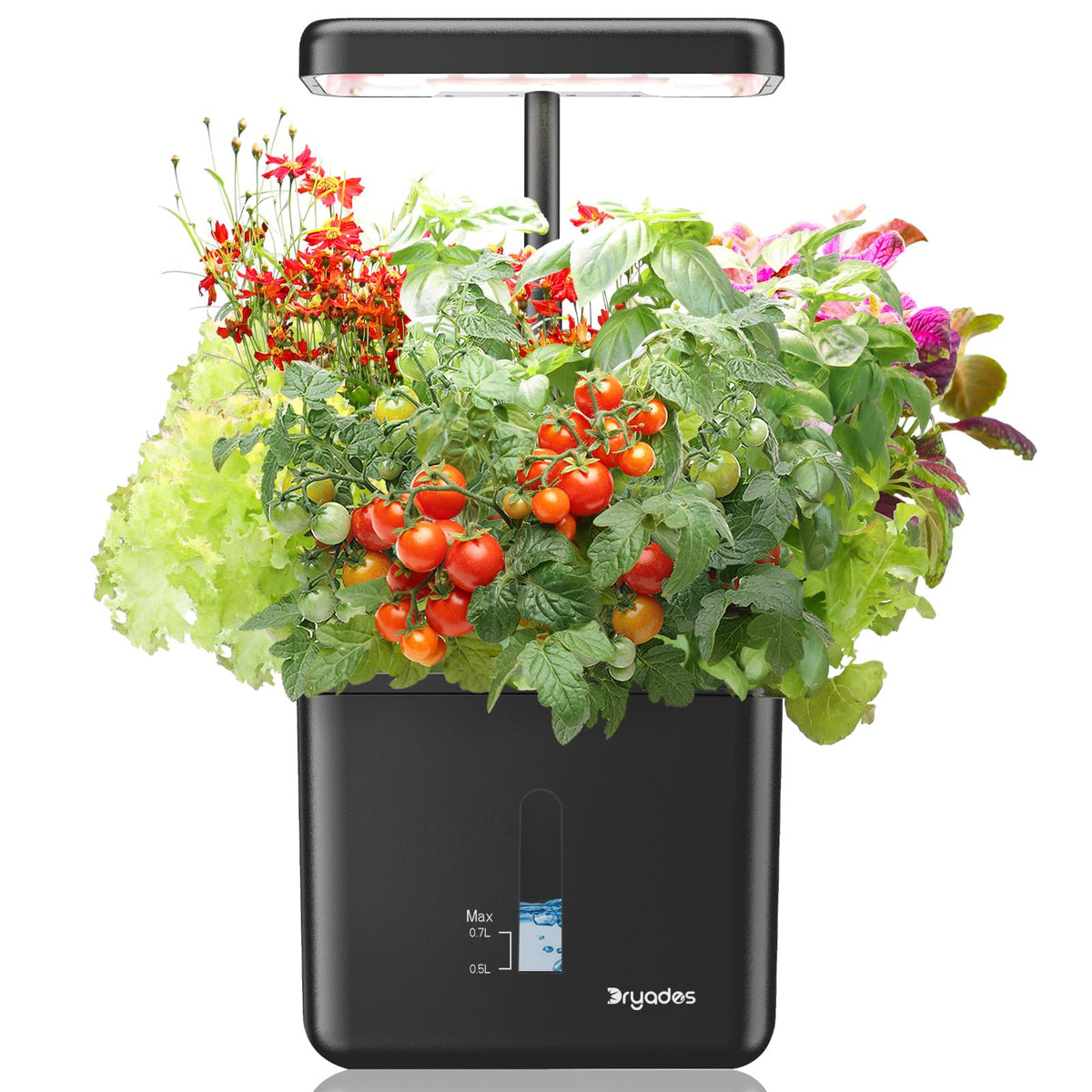 DRYADES indoor garden pot front view with compact self-watering design keeps plants thriving.