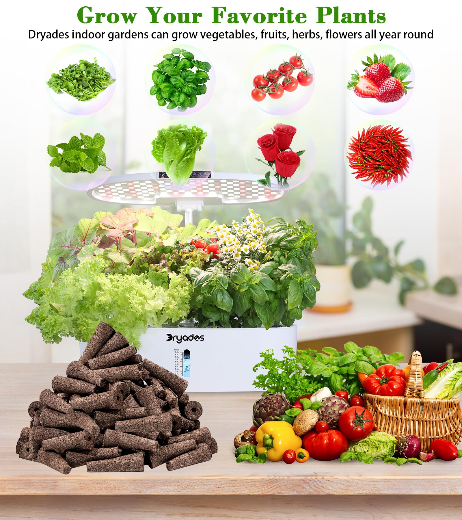 DRYADES indoor gardening kit supports year-round harvest-ready herbs.