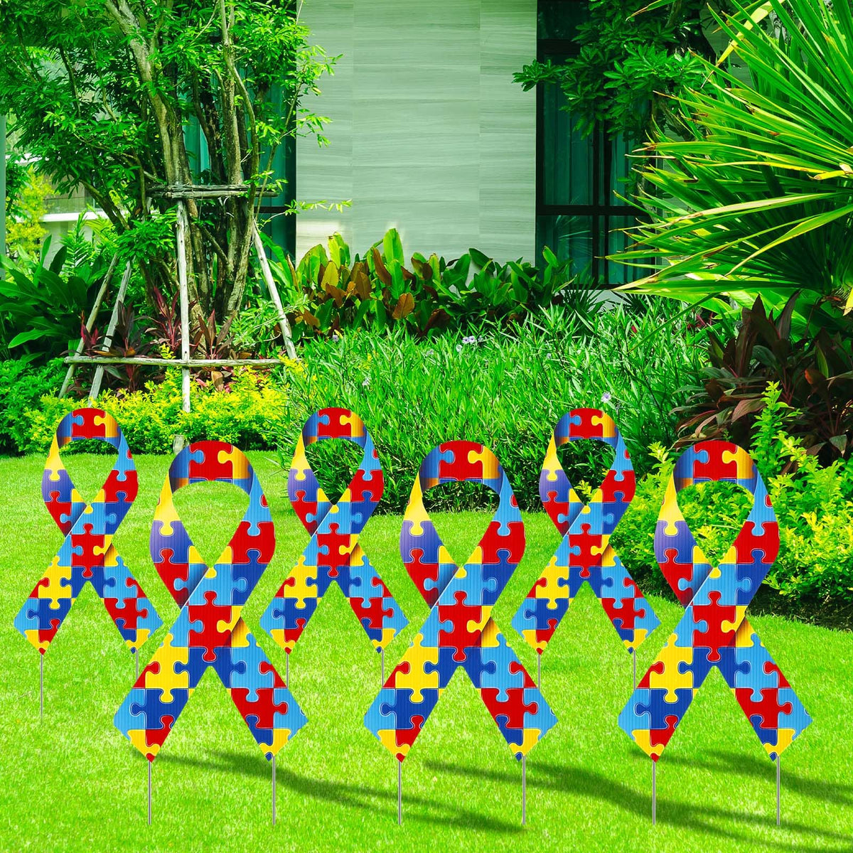 Drydiet autism awareness yard sign 6-pack with stakes, ideal for outdoor display and support.
