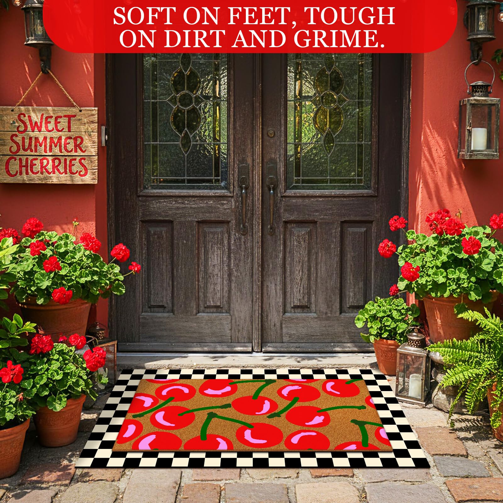 Drydiet base plaid carpet adds layered farmhouse charm to porch