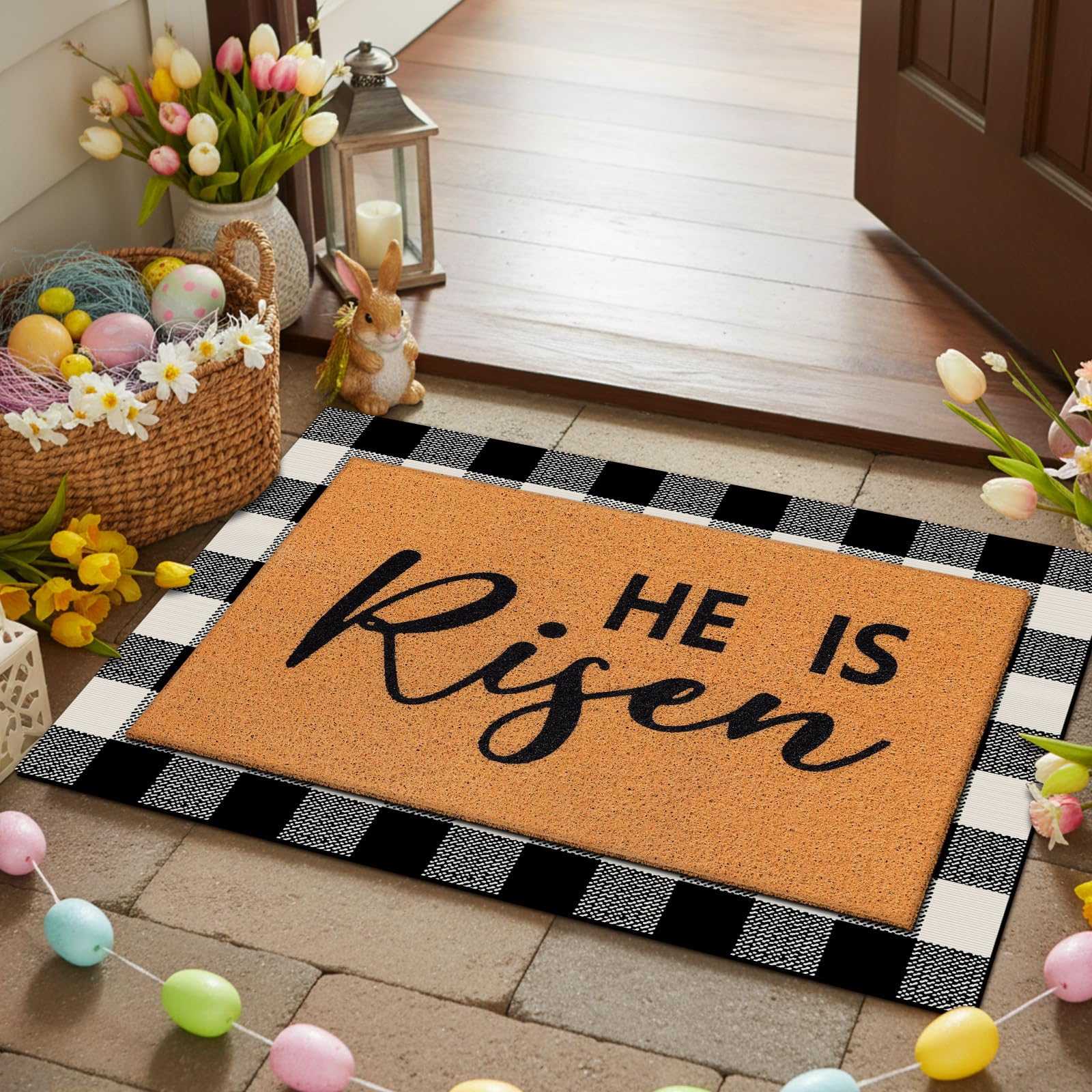 Drydiet buffalo plaid front mat adds classic style to Easter decor