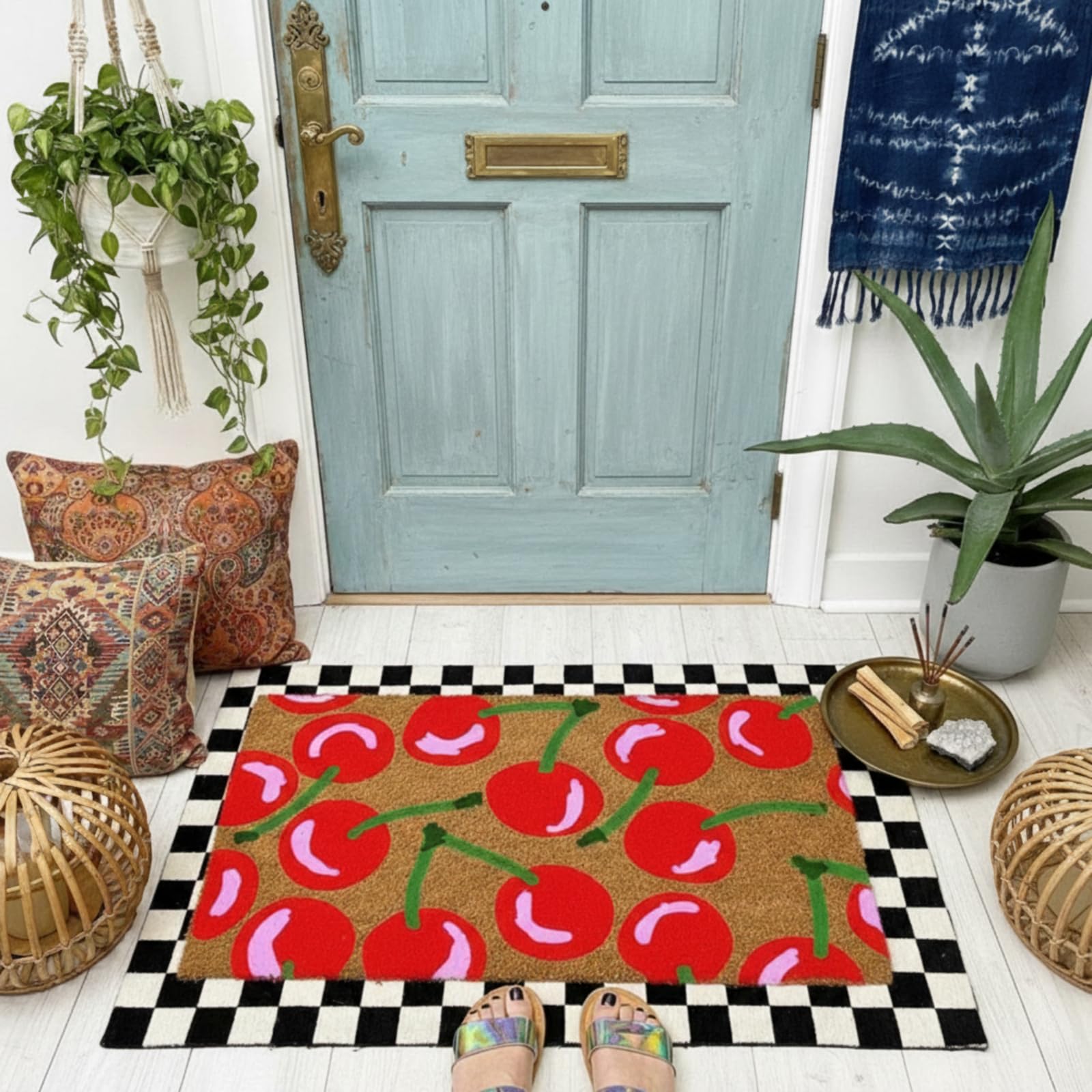 Drydiet cherry coir doormat top view with vibrant summer cherries inviting guests to entry