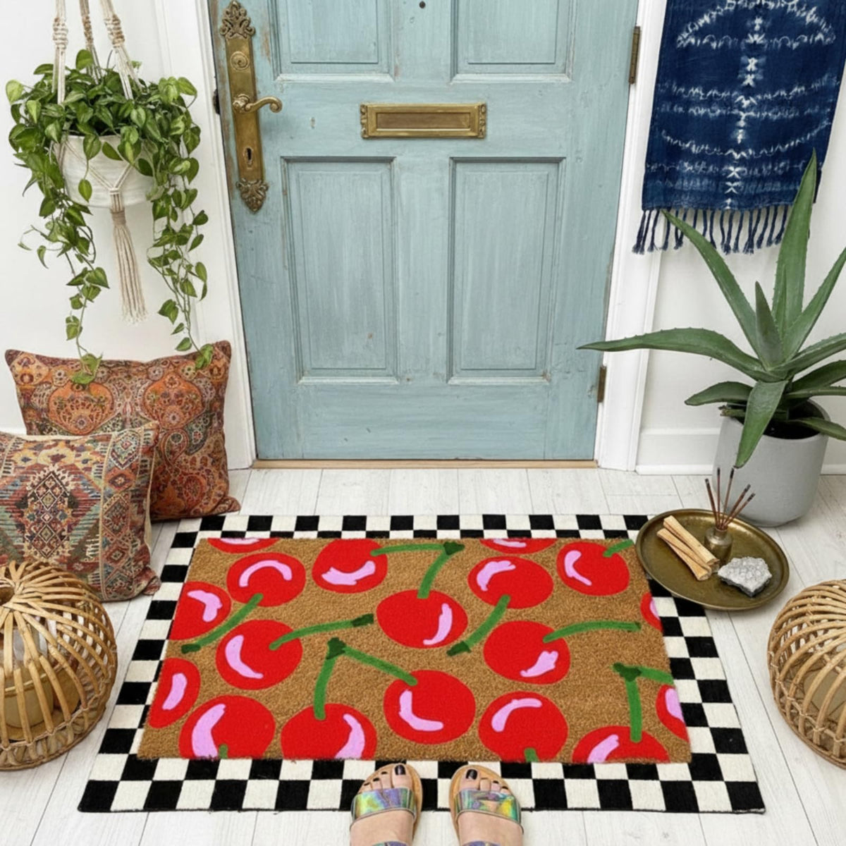 Drydiet cherry coir doormat top view with vibrant summer cherries inviting guests to entry
