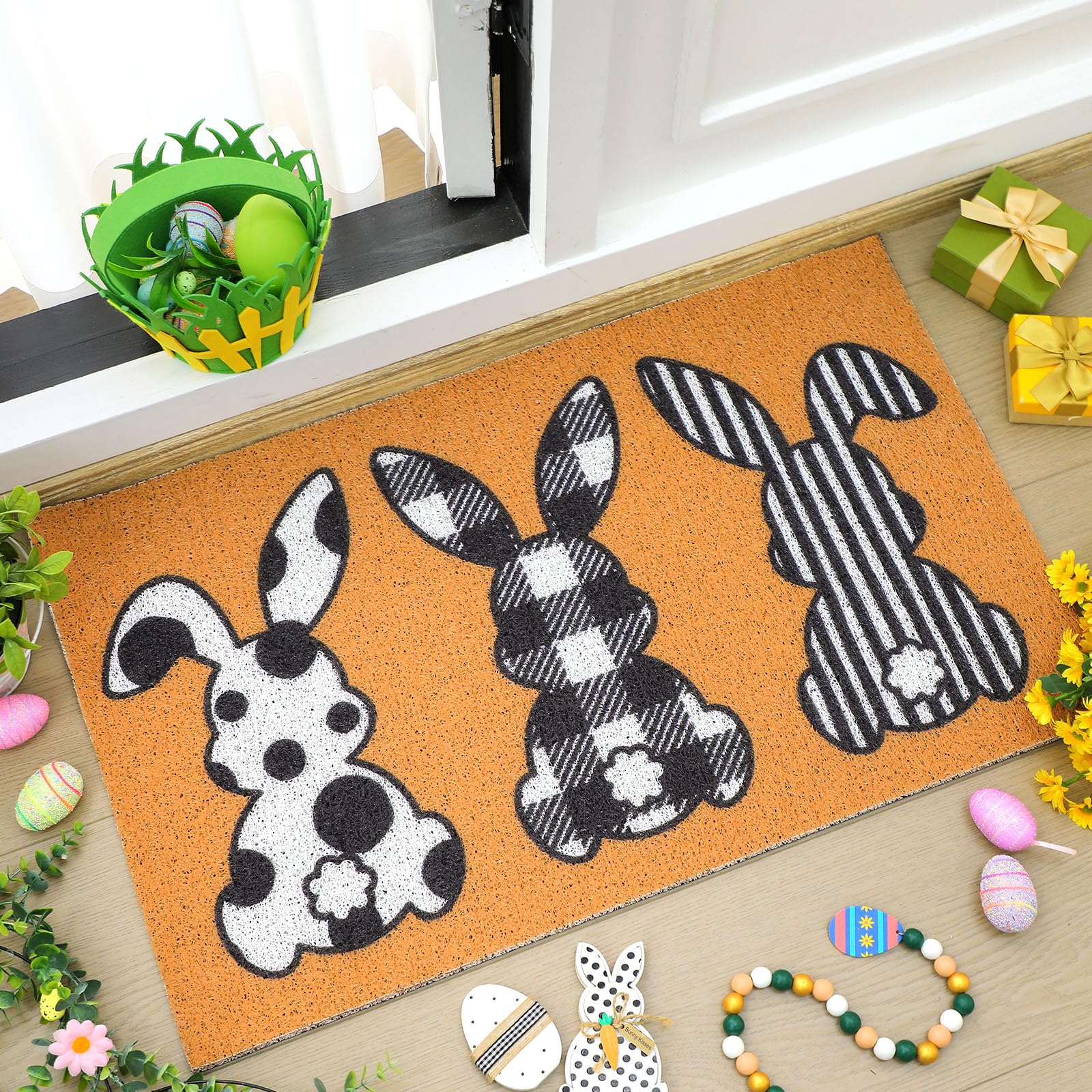 Drydiet Easter bunny doormat with plaid accents enhances porch decor
