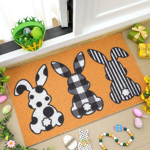 Drydiet Easter bunny doormat with plaid accents enhances porch decor