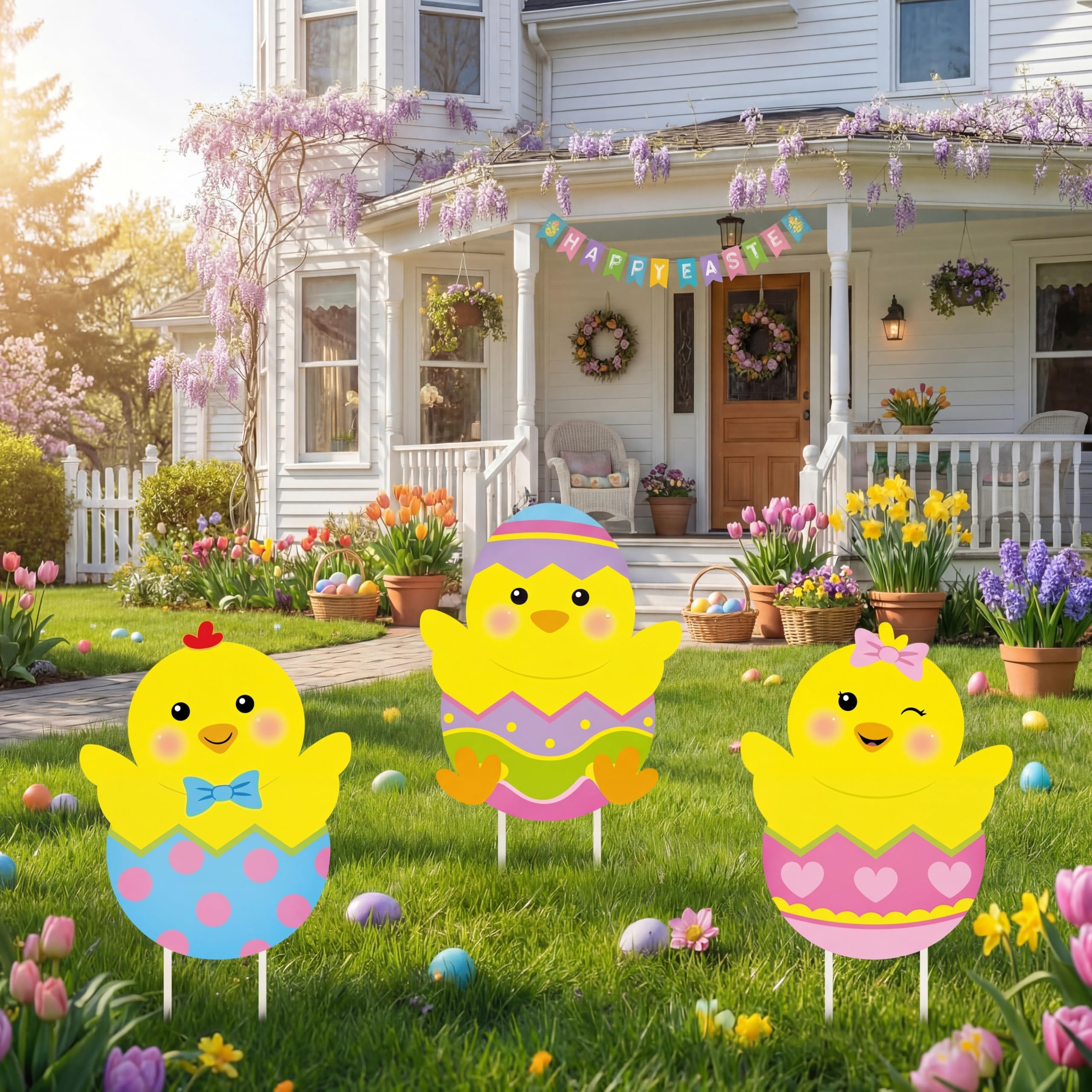 Drydiet Easter yard sign with chicken motif adds festive curb appeal outdoors.