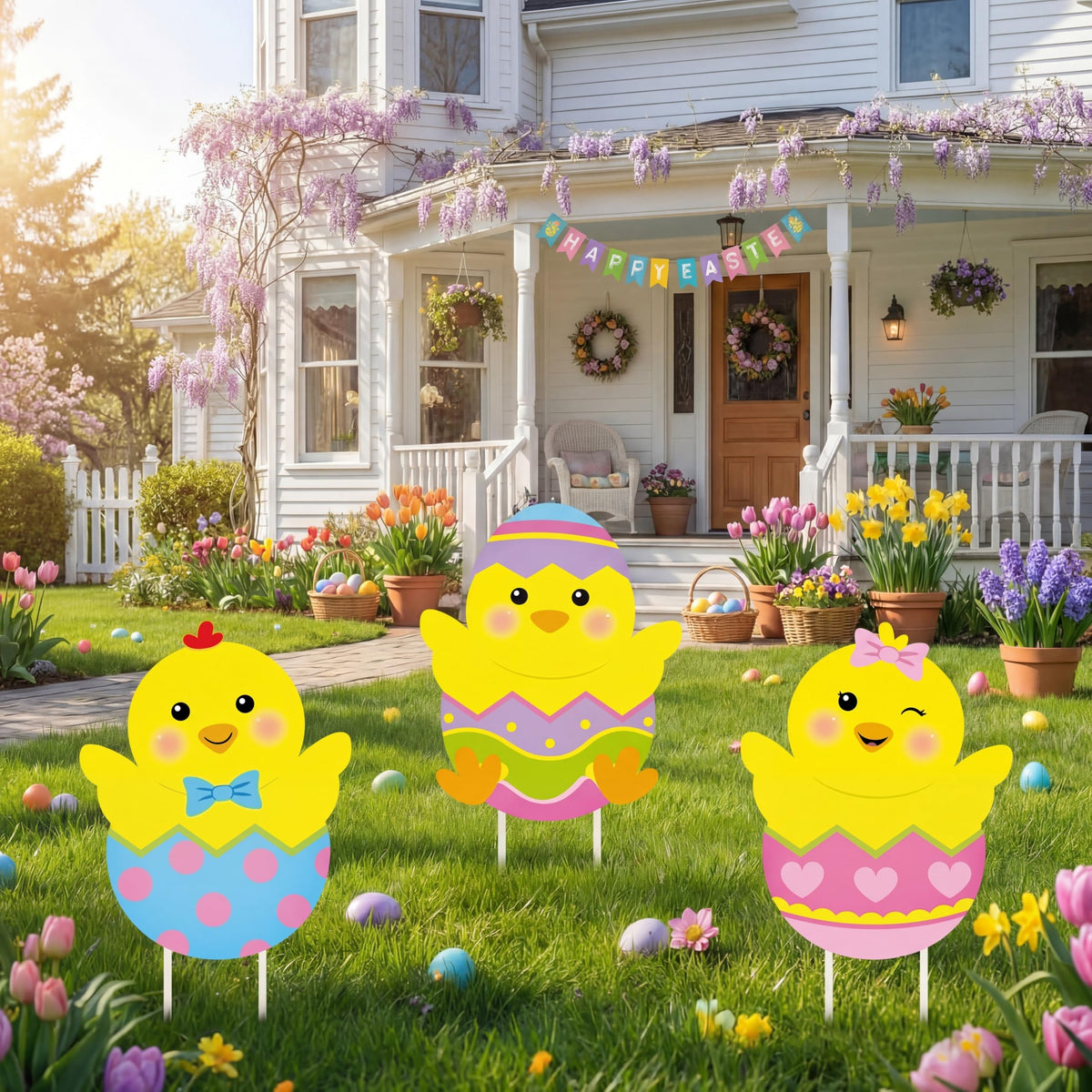 Drydiet Easter yard sign with chicken motif adds festive curb appeal outdoors.