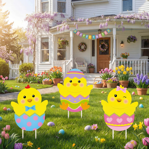 Drydiet Easter yard sign with chicken motif adds festive curb appeal outdoors.