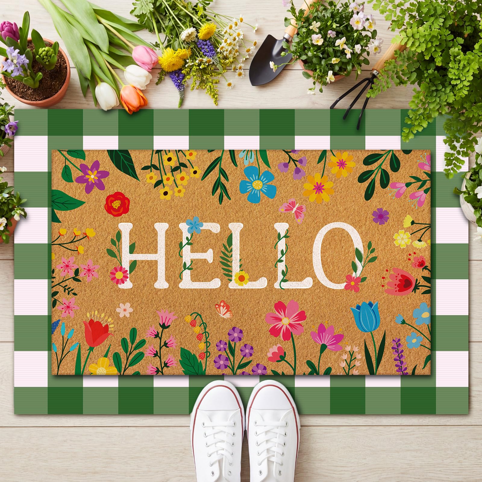 Drydiet Hello floral coir doormat greets guests at the doorway.