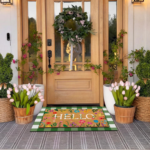 Drydiet layered doormat set enhances farmhouse entry with vibrant seasonal styling.