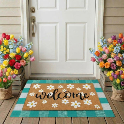 Drydiet two-layer doormat with daisy welcome design and teal plaid at the entry