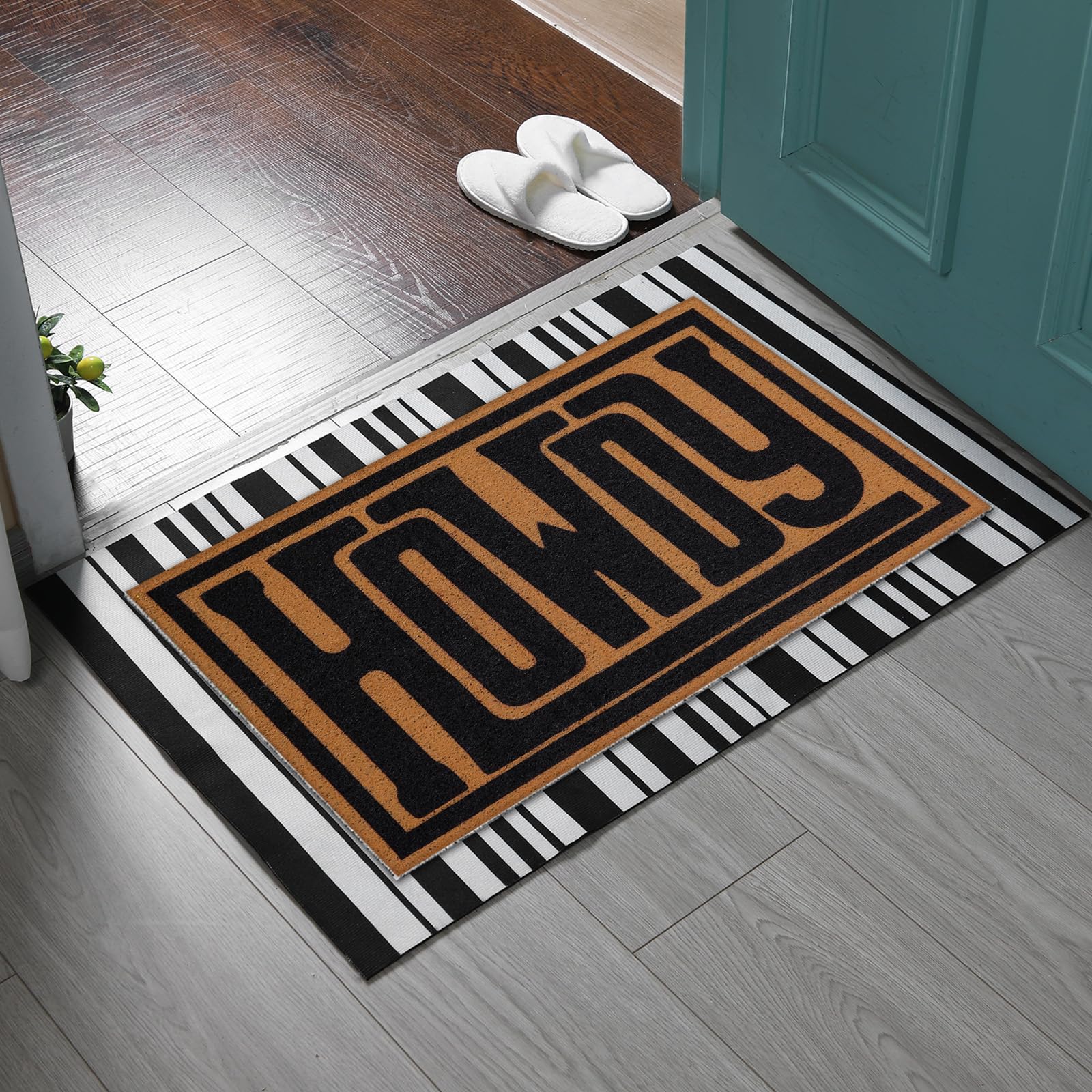 Drydiet farmhouse-welcome mat blends rustic style with everyday practicality.