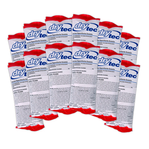 DryTec pool shock packaging on deck ready for use