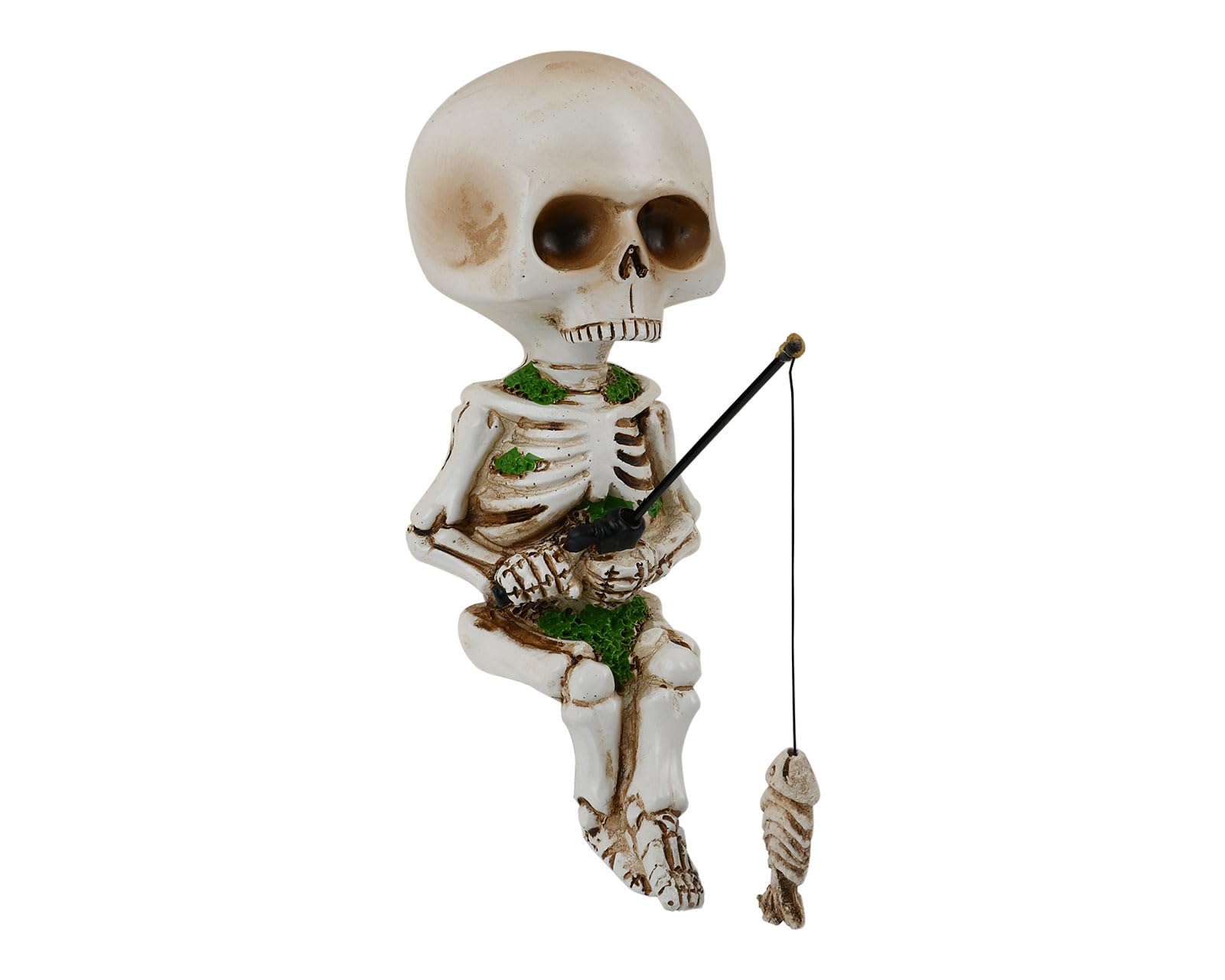 DS. DISTINCTIVE STYLE fishing skeleton statue brightens pond edge with quirky gothic charm.