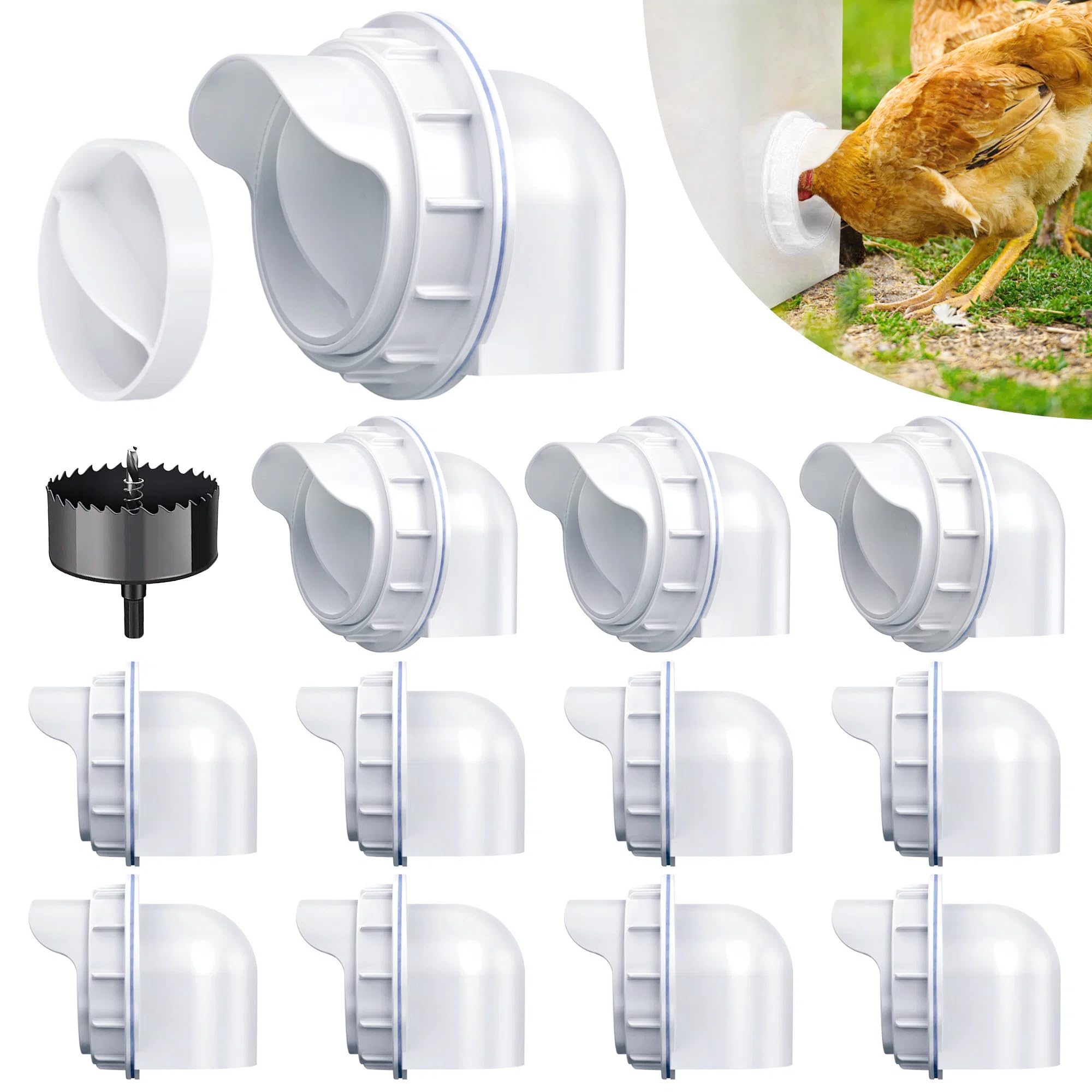 DSTANA Chicken Feeder Port 12-pack close-up shows spill-resistant design for tidy coops.