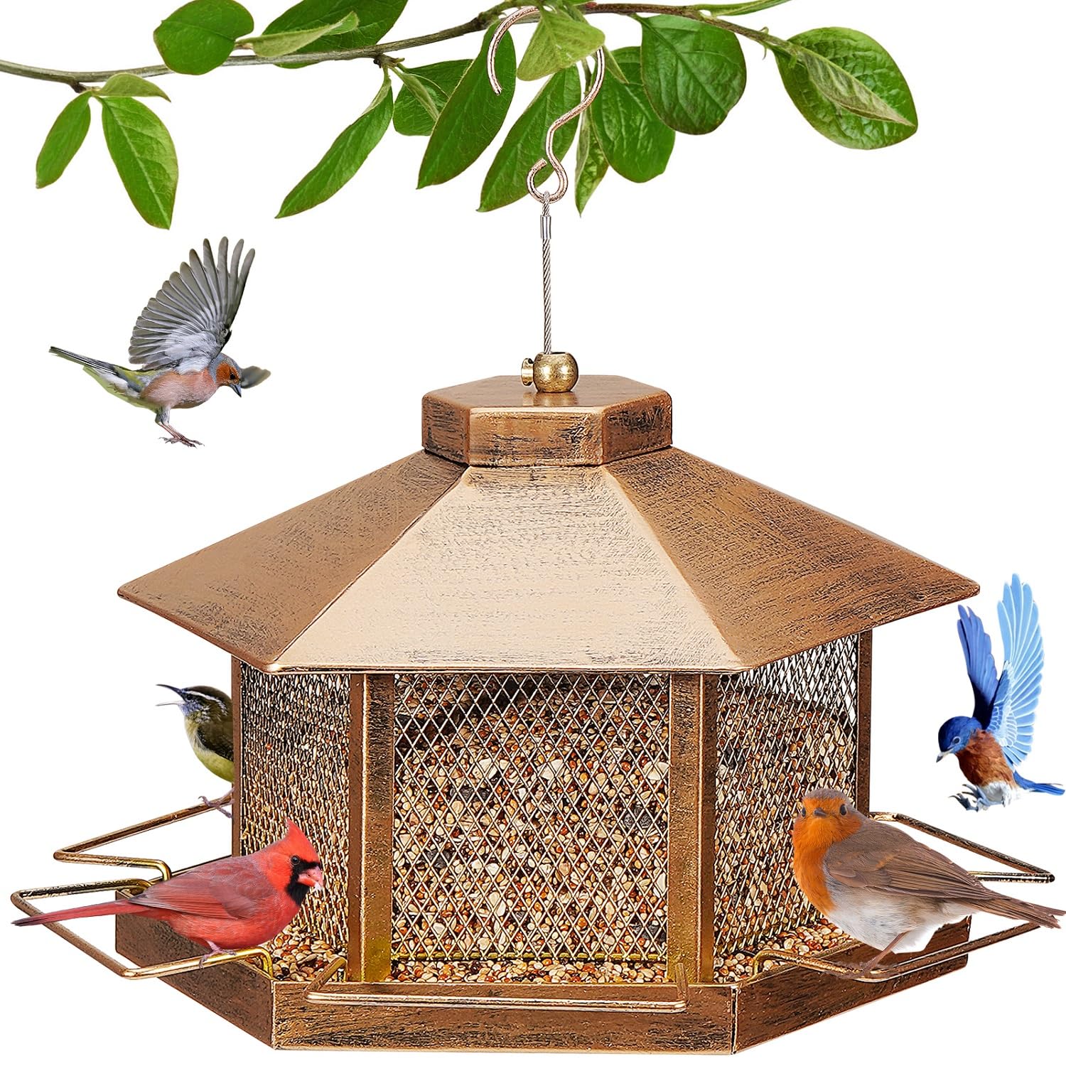 DTEPFUEN metal bird feeder with gold finish, elevating yard decor while inviting songbirds.