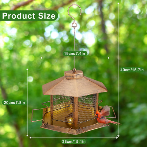 DTEPFUEN outdoor hanging feeder gold, ideal for easy viewing of visiting backyard birds.