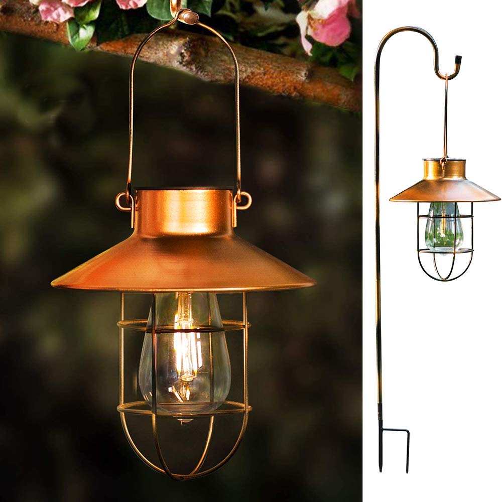 Dualshine shepherd hook holds solar lights with a rust-resistant finish for outdoor use.