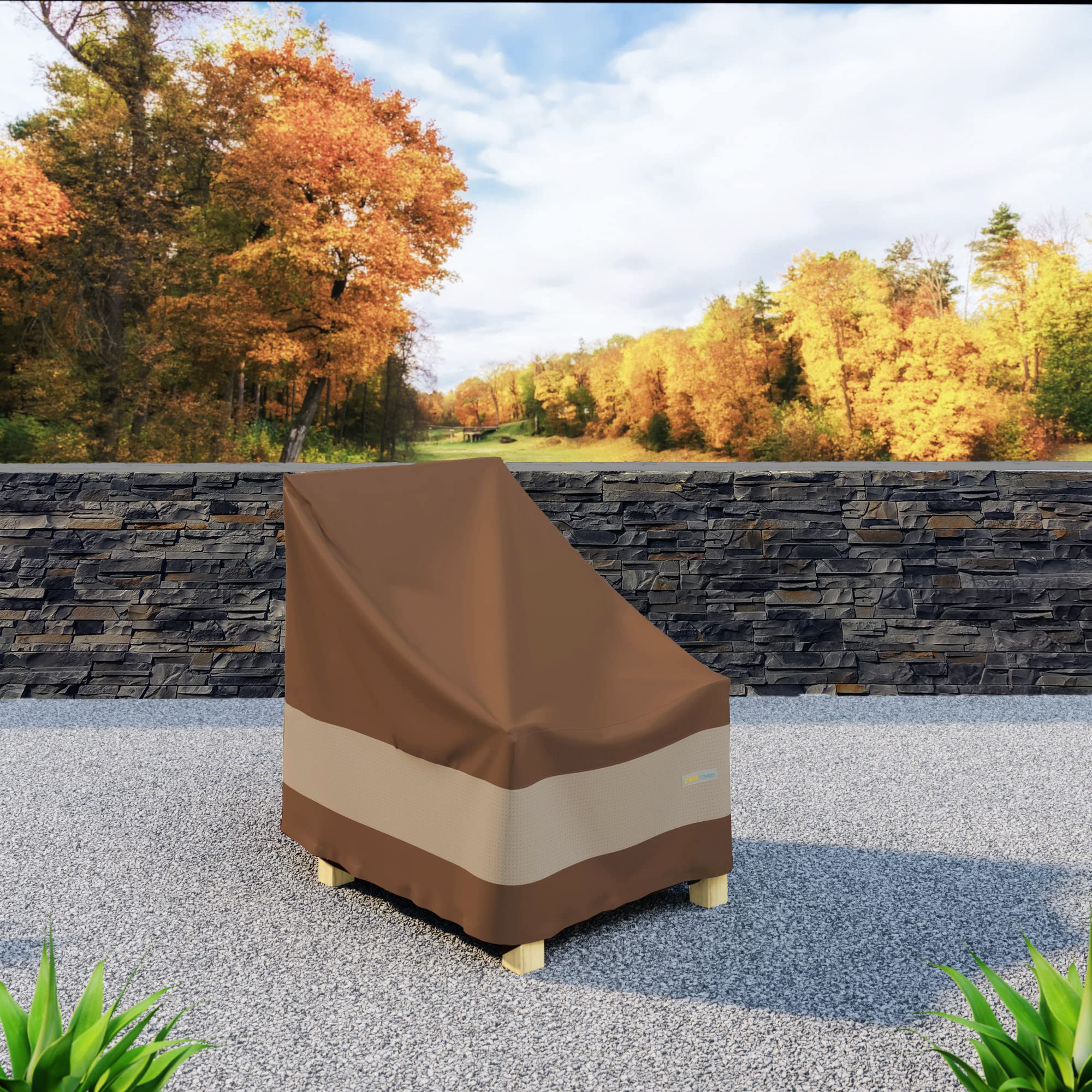 Duck Covers Ultimate waterproof Adirondack chair cover on a sunlit patio setting