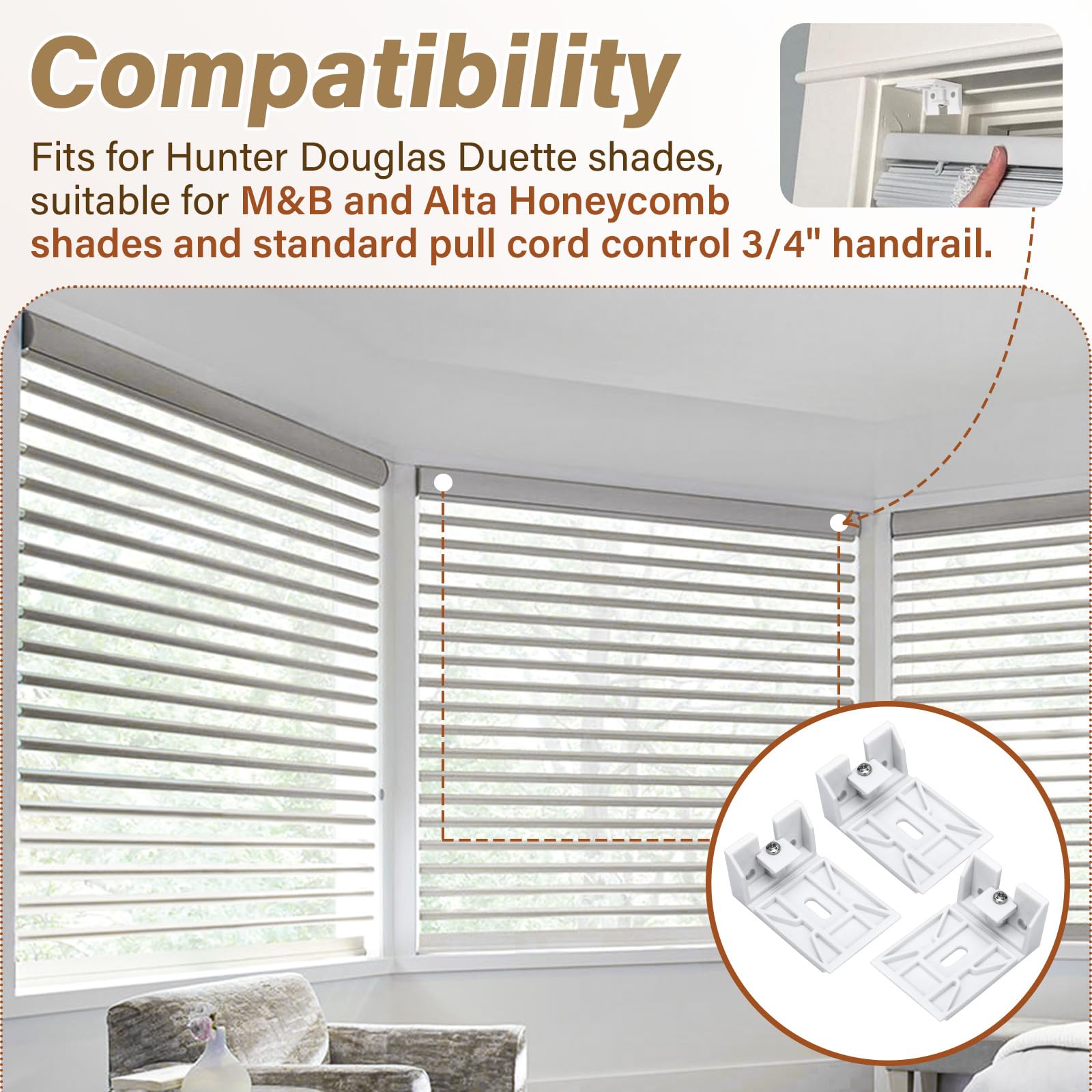 DuckcowsC white bracket demonstrates secure headrail fit and steady operation.