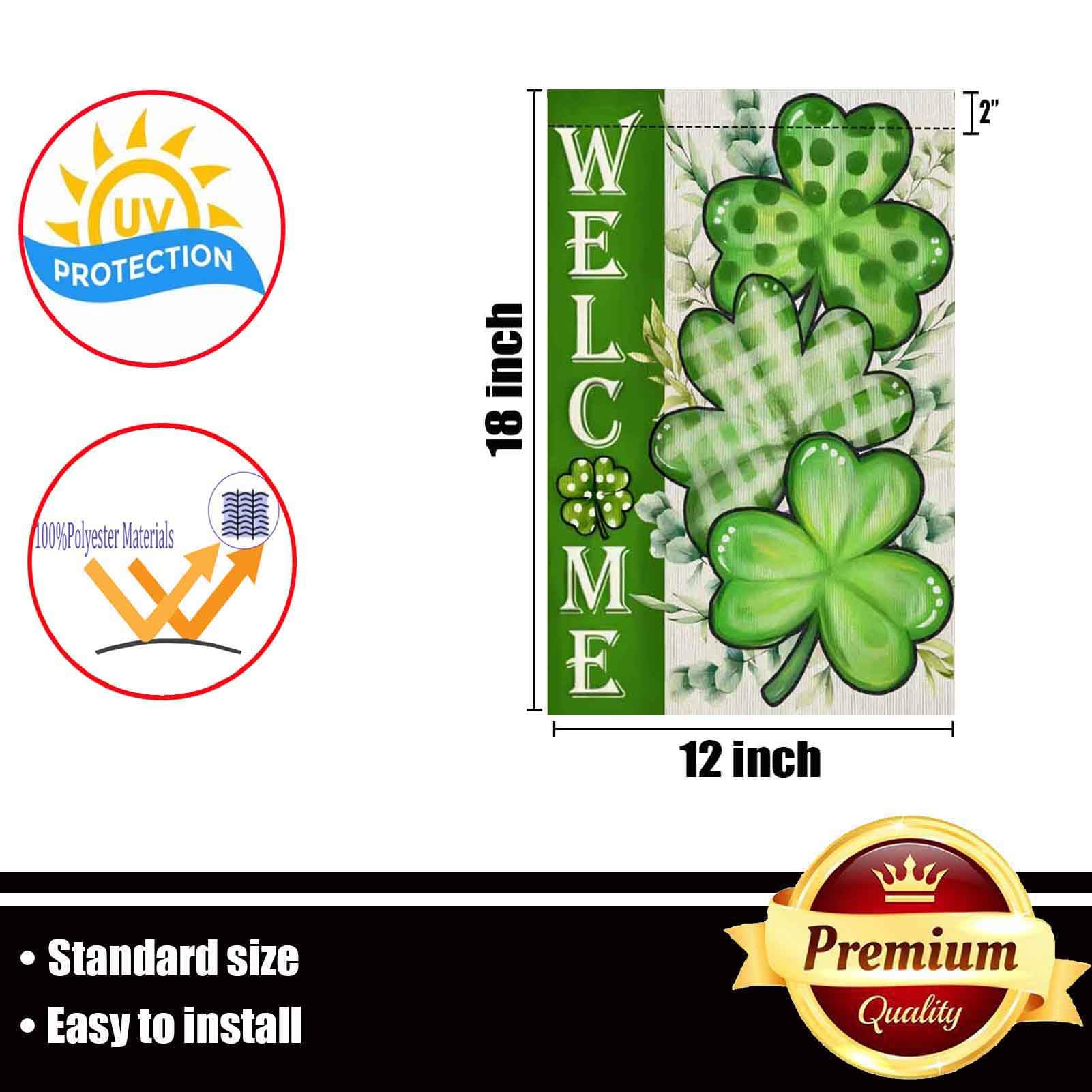 Double-sided shamrock design on ducuh flag visible from multiple angles.