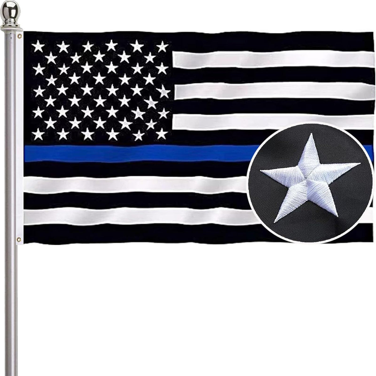 Ducuh embroidered Thin Blue Line flag 3x5, ideal for outdoor display.
