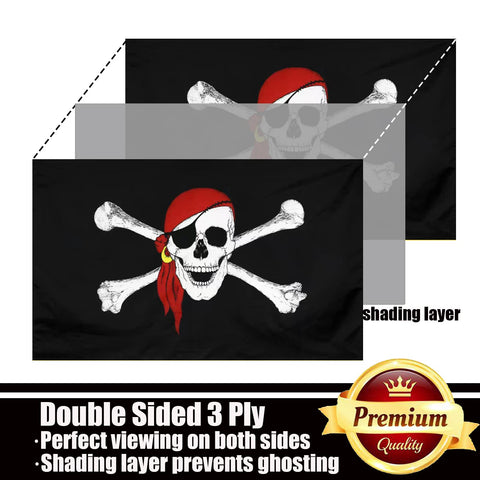 Ducuh pirate flag hanging in a garden for patio decor.