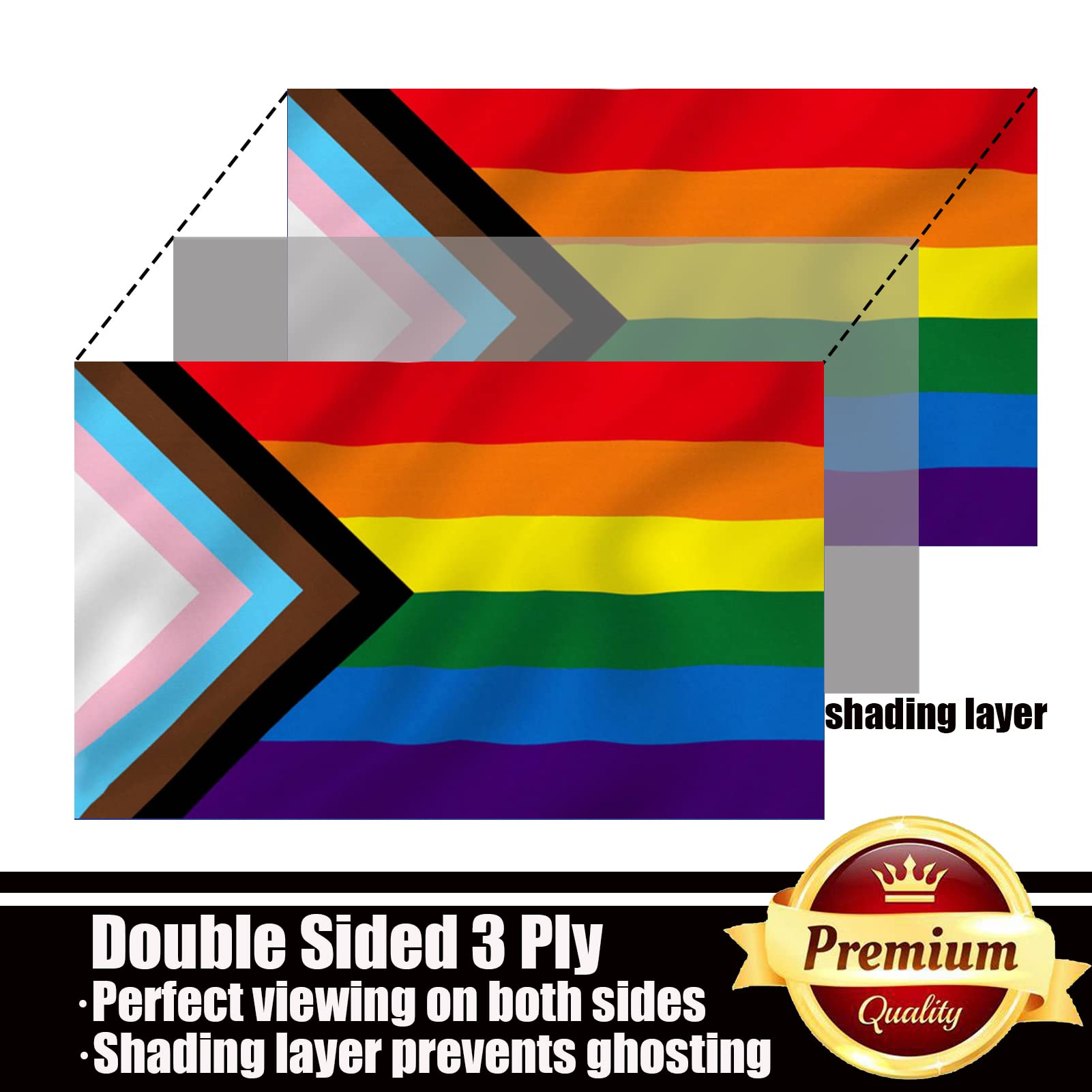 ducuh Progress Pride flag features durable double stitching at the fly end for longevity.