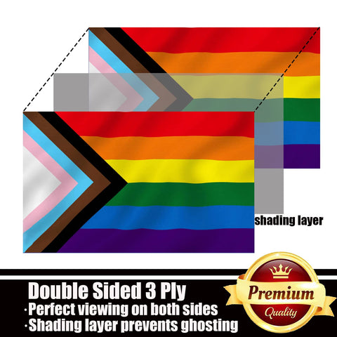 ducuh Progress Pride flag features durable double stitching at the fly end for longevity.
