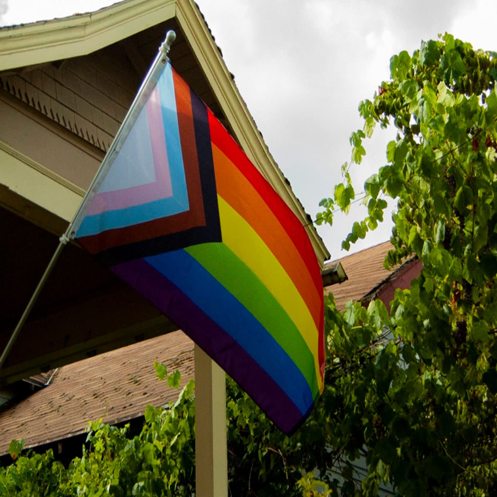 Ducuh Pride flag displayed in a garden or patio setting.