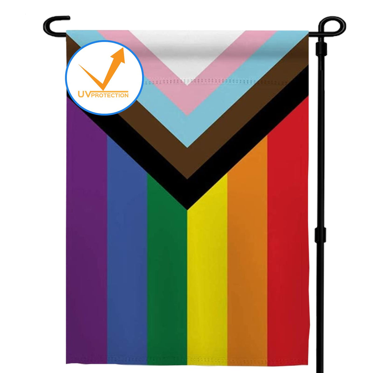 Ducuh Progress Pride rainbow garden flag, double-sided for outdoor visibility.