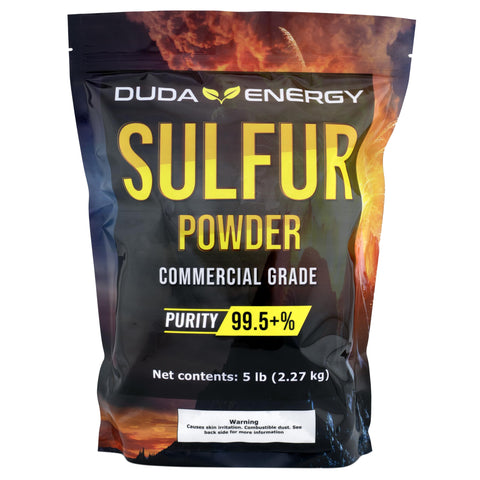 Duda Energy sulfur powder in a heavy-duty bag, ready for soil pH adjustment and bulk mixing.