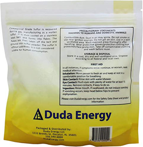 Duda Energy yellow sulfur powder pour in resealable bag for easy handling in commercial settings.