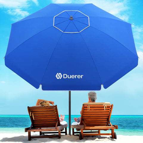 Duerer 8.5ft umbrella with sand anchor provides stable shade on windy beaches