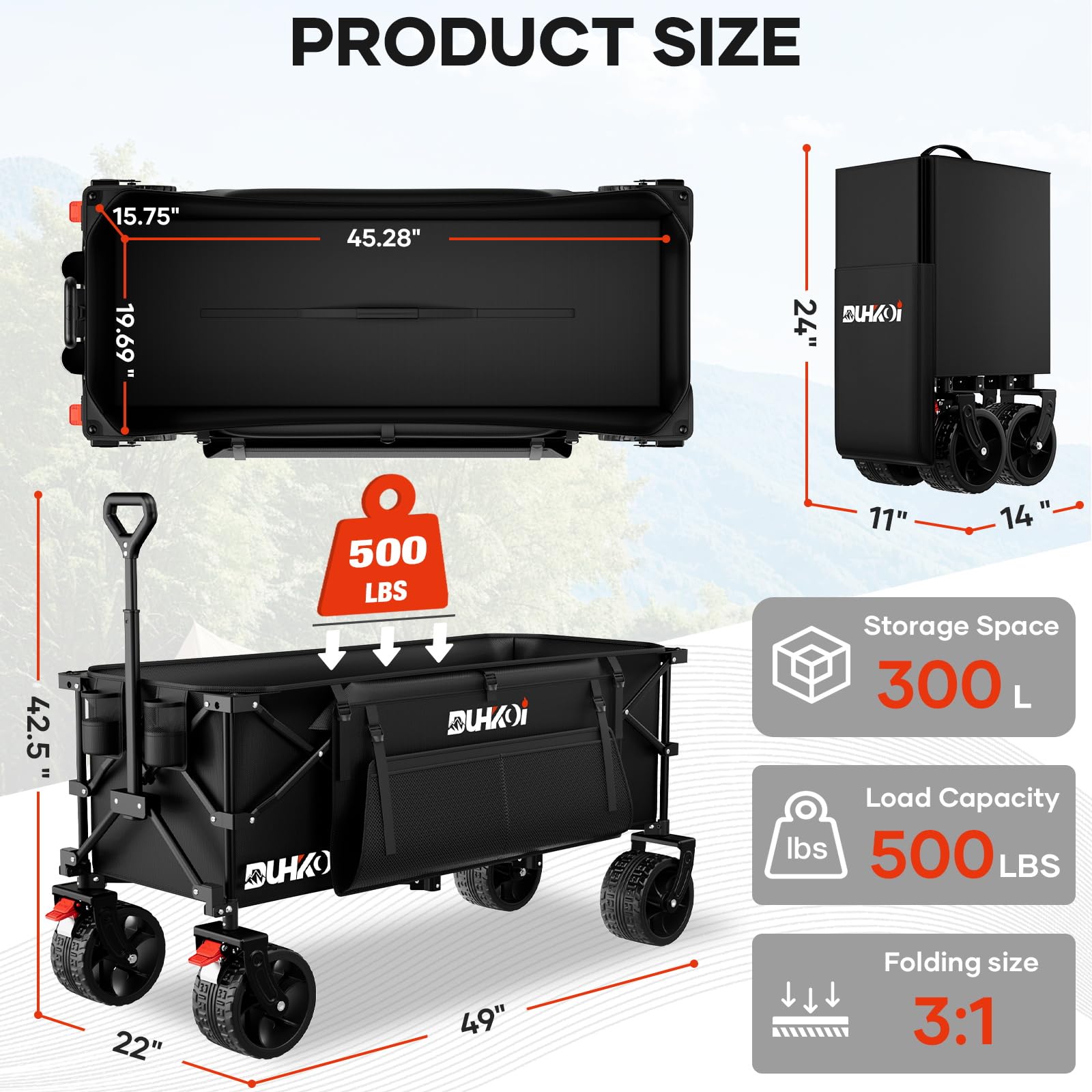 DUHKOI wagon interior capacity supports up to 500 pounds for groceries and gear.