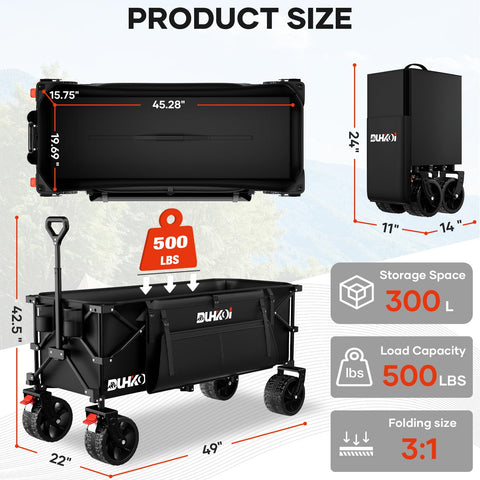DUHKOI wagon interior capacity supports up to 500 pounds for groceries and gear.