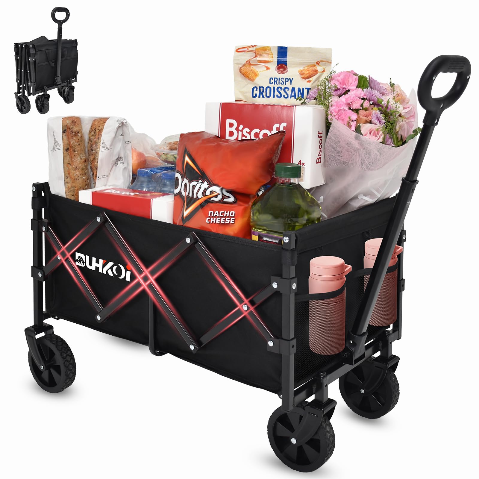 DUHKOI Collapsible Wagon with wheels enables smooth steering on grass and pavement for shopping or camping